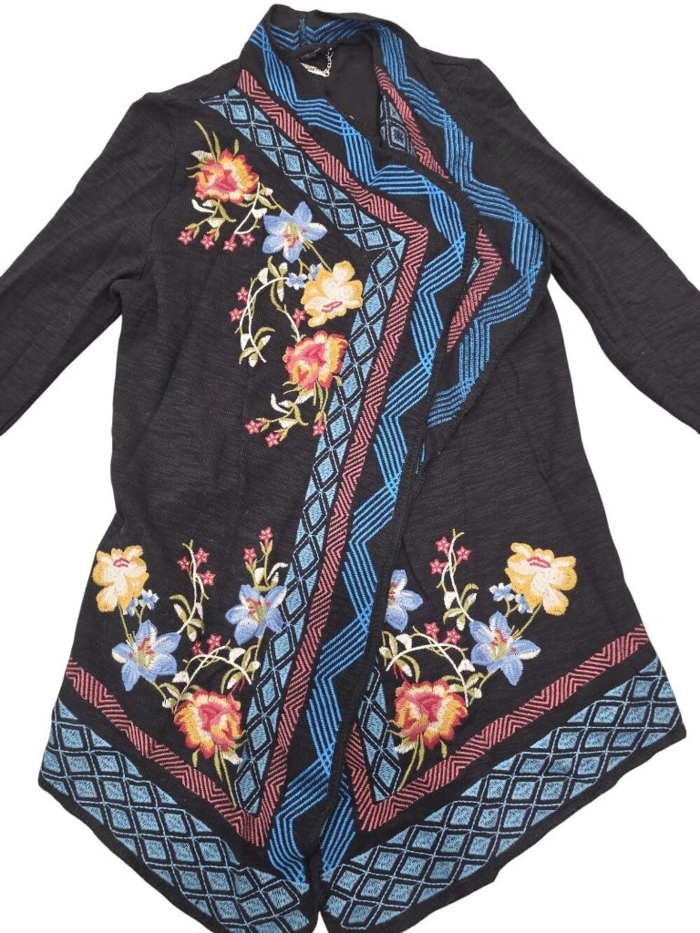Paparazzi NWT Embroidered Open-Front Black Cardigan With Floral Accent Tribal SM - Picture 7 of 7